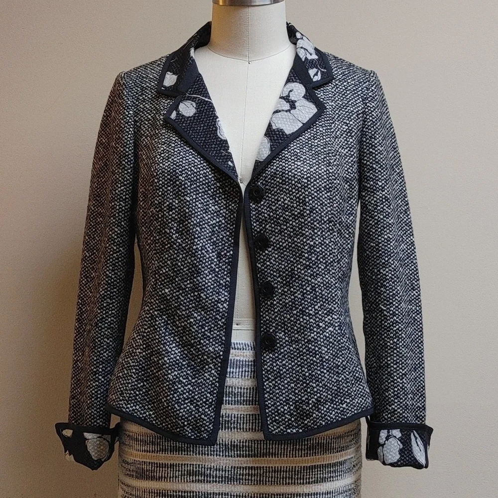 VTG Garfield Marks Tweed Blazer Grosgrain Trim Black and Tan Size 4